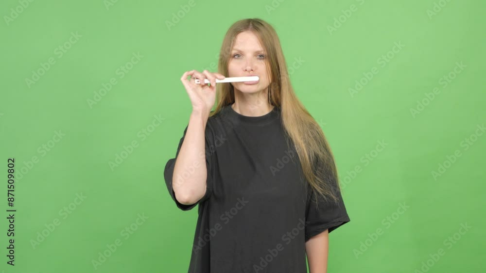 Slow motion. Young woman brushing teeth against green screen Slow motion. Young woman brushing teeth against green screen