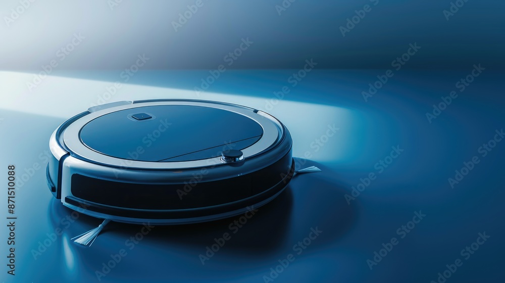 Innovative robot vacuum on blue surface Advanced tech speeds up cleaning gives free time Smart home cleaning device Innovative robot vacuum on blue surface Advanced tech speeds up cleaning gives free time Smart home cleaning device