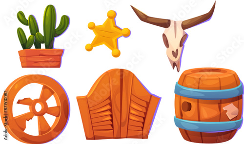 Wild west saloon decorative elements. Cartoon vector set of cowboy tavern creation objects - wooden double doors and barn with drinks, broken wood wheel and cactus in pot, sheriff star and cow skull.