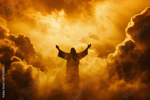 Silhouette of Jesus Christ with His hand raised against a backdrop of dark golden clouds. This spiritual image conveys reverence, faith, and the presence of God amidst the night sky and atmosphere. photo