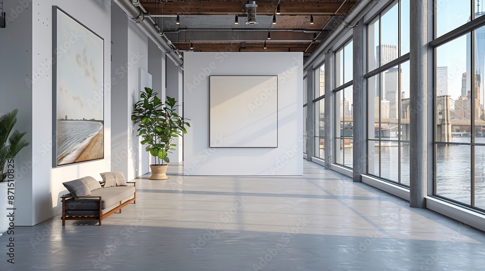 Fototapeta premium Sunny, open-plan living space with a floor-to-ceiling window showcasing a contemporary design