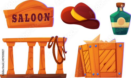 Western saloon design elements set isolated on white background. Vector cartoon illustration of wooden signboard, sheriff hat, lasso on wood balustrade, box and bottle of rum, wild west objects