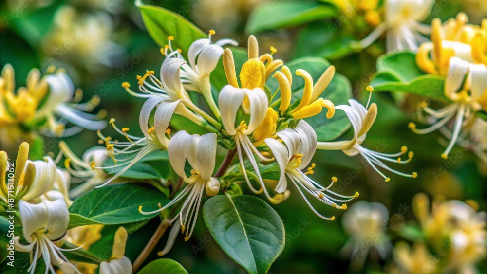 Fototapeta premium Delicate white Lonicera japonica flowers with yellow tints bloom on an evergreen vine shrub against a lush green natural backdrop.
