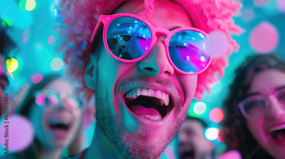 A group of friends gathered for a celebration, captured in a dynamic neon-lit portrait that captures the excitement and joy of the moment. A group of friends gathered for a celebration, captured in a dynamic neon-lit portrait that captures the excitement and joy of the moment.