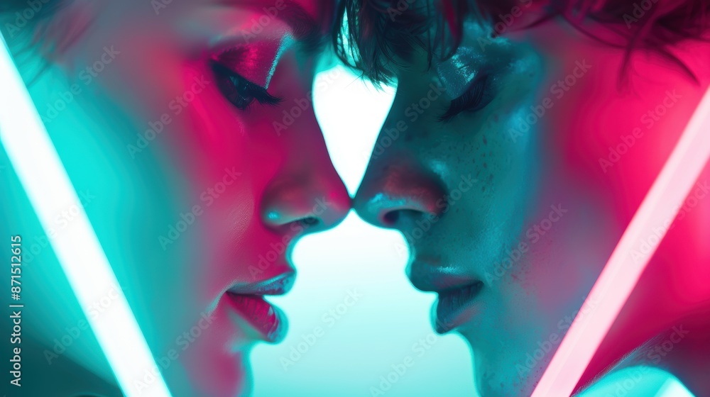 Fototapeta premium Close-up of a couple in love, their faces softly lit by neon lights that highlight their expressions and emotions.