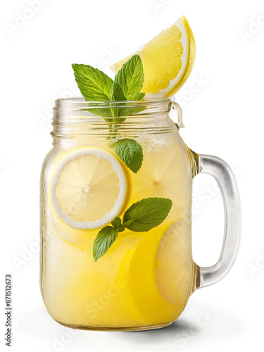 Lemonade Mason jar with fresh lemonade garnished with lemon slice and sprig of mint classic