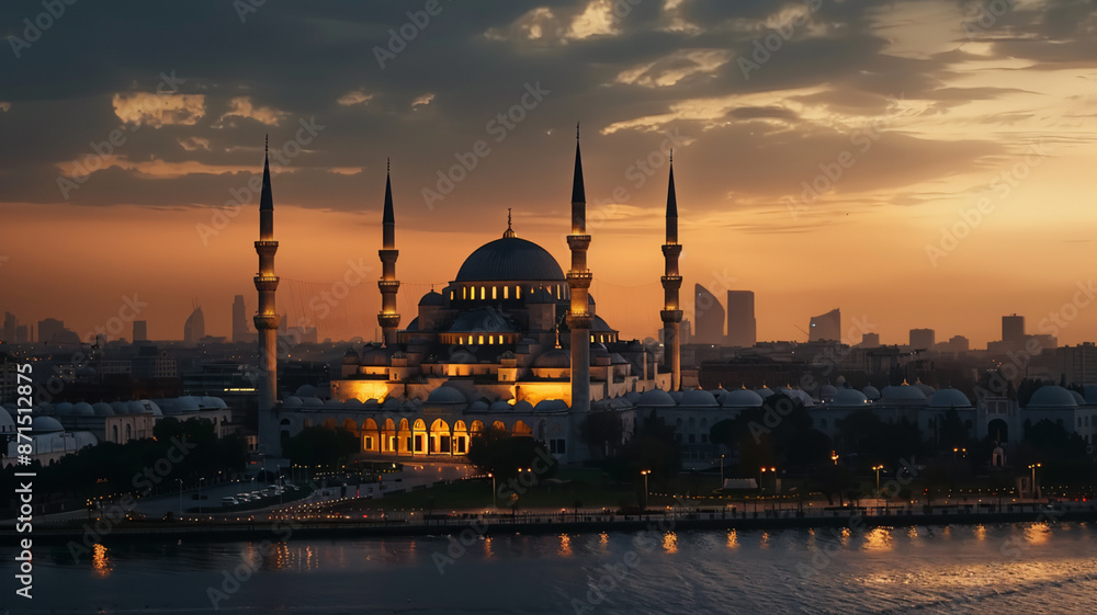 Naklejka premium Blue Mosque at twilight symbolizing spirituality