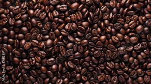 A top-down view of roasted coffee beans, showcasing their rich brown color and aromatic quality