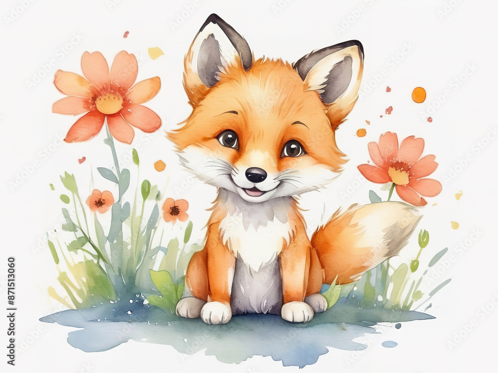 Cartoon cute fox of happy with flowers. clip art Vector illustration ...
