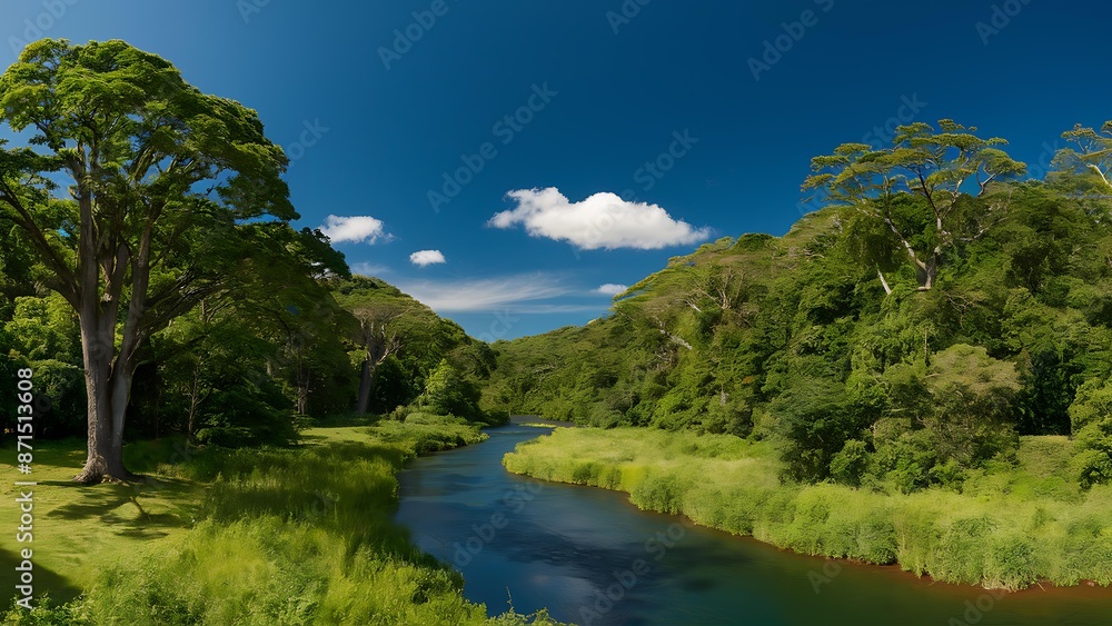 Serene Nature Background with Lush Green Forests and Clear Blue Sky Serene Nature Background with Lush Green Forests and Clear Blue Sky
