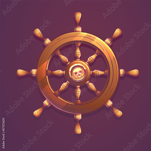 Wooden steering wheel of boat, ship, schooner illustration