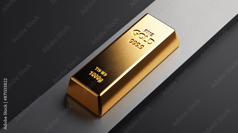 Positioned on the right side of the image, a gold bar gleams with a luxurious shine against a black and gray backdrop. The minimalist and dark background highlights the bar's rich luster, creating a