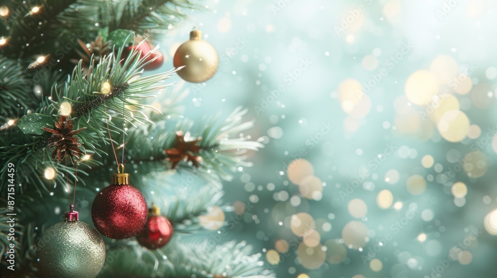 Blurred pine tree background with Christmas ornaments and space for text Blurred pine tree background with Christmas ornaments and space for text