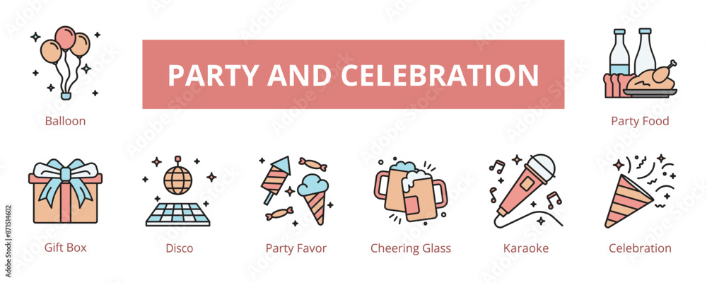 Party and Celebration Lineal Color Banner Web Icon Set Vector Illustration, Balloon Gift Box Disco Party Favor Cheering Glass Karaoke Celebration Party Food Party and Celebration Lineal Color Banner Web Icon Set Vector Illustration, Balloon Gift Box Disco Party Favor Cheering Glass Karaoke Celebration Party Food