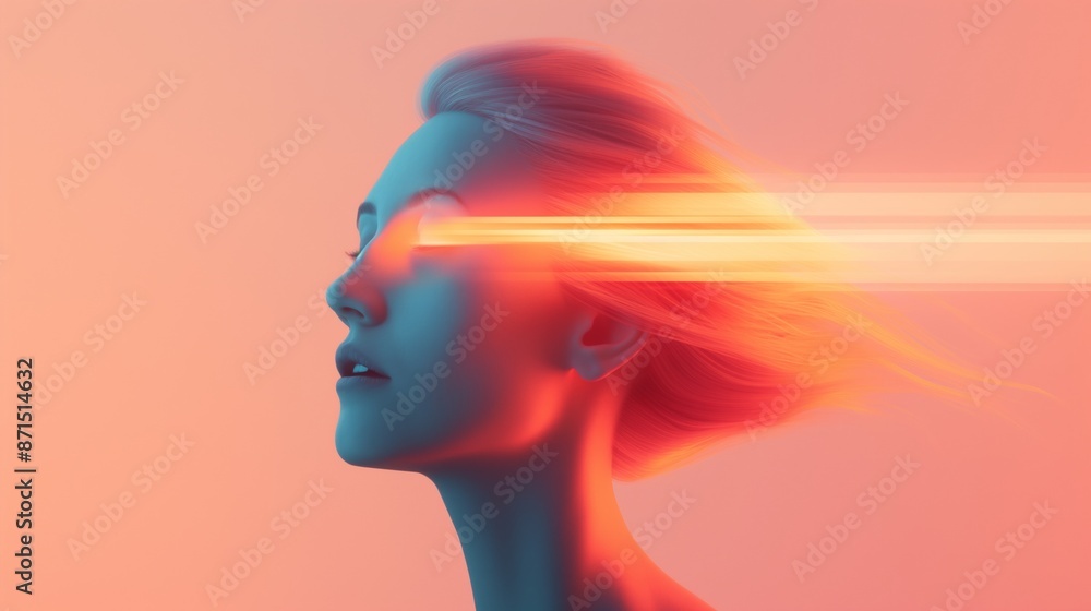 Woman with blonde hair gazing upward in neon light. Woman with blonde hair gazing upward in neon light.