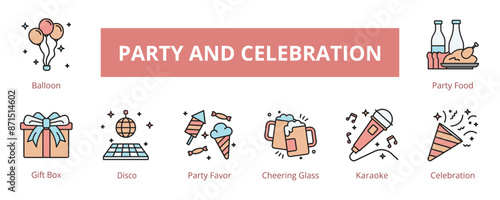 Party and Celebration Lineal Color Banner Web Icon Set Vector Illustration, Balloon Gift Box Disco Party Favor Cheering Glass Karaoke Celebration  Party Food