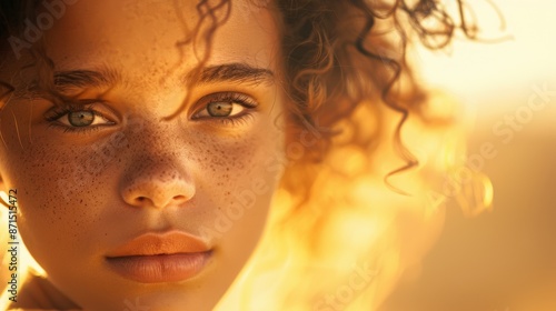 Wallpaper Mural Enchanted Beauty - Portrait of a Girl in Golden Hour Light with Expressive Wonder, Copy Space on Left Torontodigital.ca