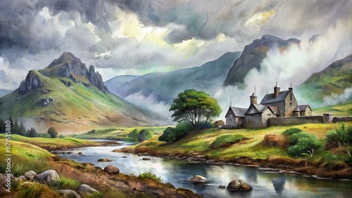 Majestic Scottish landscape features rugged mountains, serene river, lush green fields, and ancient stone cottages beneath a dramatic grey sky photo