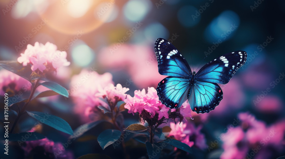 An elegant butterfly amidst pink flowers and blue leaves on a serene light background. An elegant butterfly amidst pink flowers and blue leaves on a serene light background.
