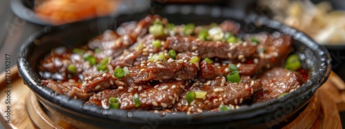  A tight shot of a wood tray bearing meat and green onions, with adjacent dishes in the background