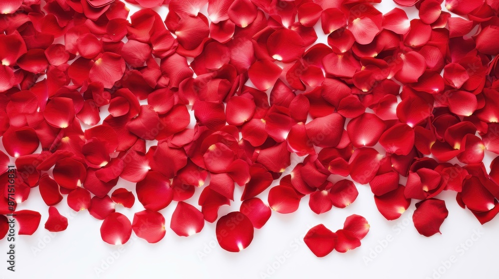 Elegant red rose petals on a pure white background for a captivating and romantic atmosphere. Elegant red rose petals on a pure white background for a captivating and romantic atmosphere.