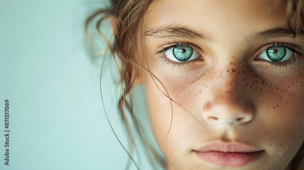 Empowered Young Woman with Determined Gaze and Strong Jawline in Contrasty Close-up Portrait, Copy Space Above Empowered Young Woman with Determined Gaze and Strong Jawline in Contrasty Close-up Portrait, Copy Space Above