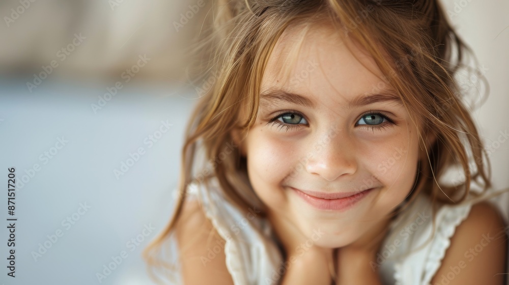 Serene Beauty - Hyper Realistic Portrait of a Content Girl with Gentle Smile and Relaxed Eyes in Soft Diffused Light, Copy Space Below Serene Beauty - Hyper Realistic Portrait of a Content Girl with Gentle Smile and Relaxed Eyes in Soft Diffused Light, Copy Space Below