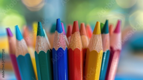 Close-up of colorful pencils standing together with a blurred, bokeh background, highlighting their vibrant tips and wooden texture.