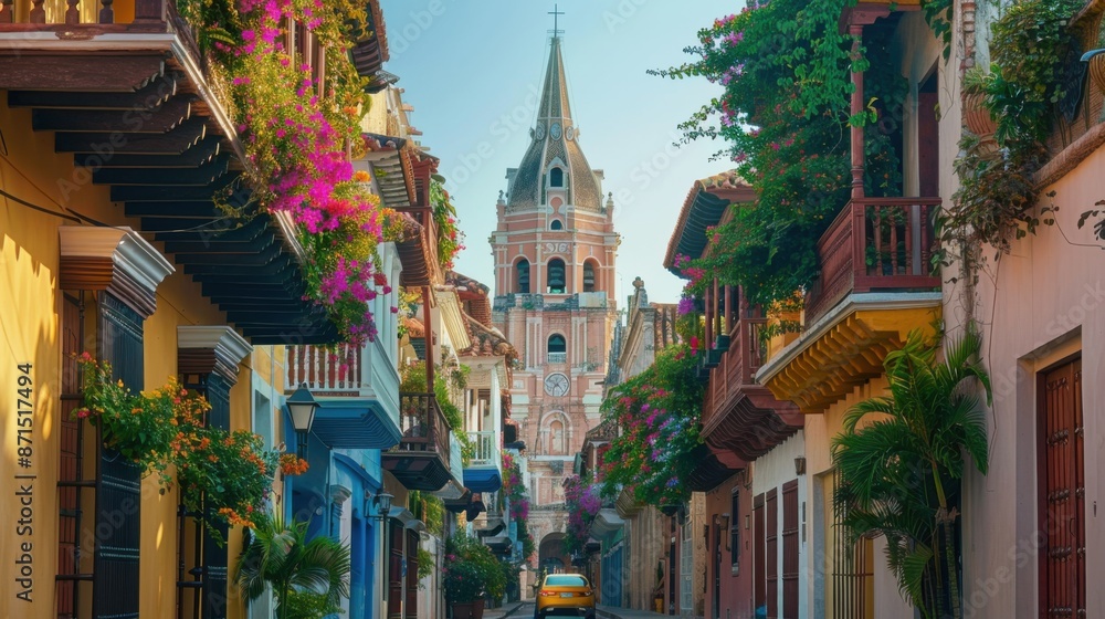 Obraz premium Charming street with colorful buildings, balconies with flowers, and a prominent clock tower in the background.