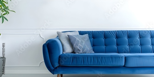 Modern living room design with a focus on comfortable and healthy living, showcasing a stylish blue couch. Concept Comfortable Living, Healthy Environment, Modern Design, Stylish Blue Couch © Anastasiia