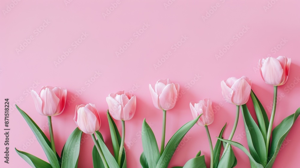 A row of delicate pink tulips against a pastel pink background, creating a calm and gentle atmosphere. A row of delicate pink tulips against a pastel pink background, creating a calm and gentle atmosphere.