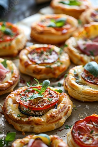 Wallpaper Mural Close-up of mini puff pastry pizzas with assorted toppings Torontodigital.ca