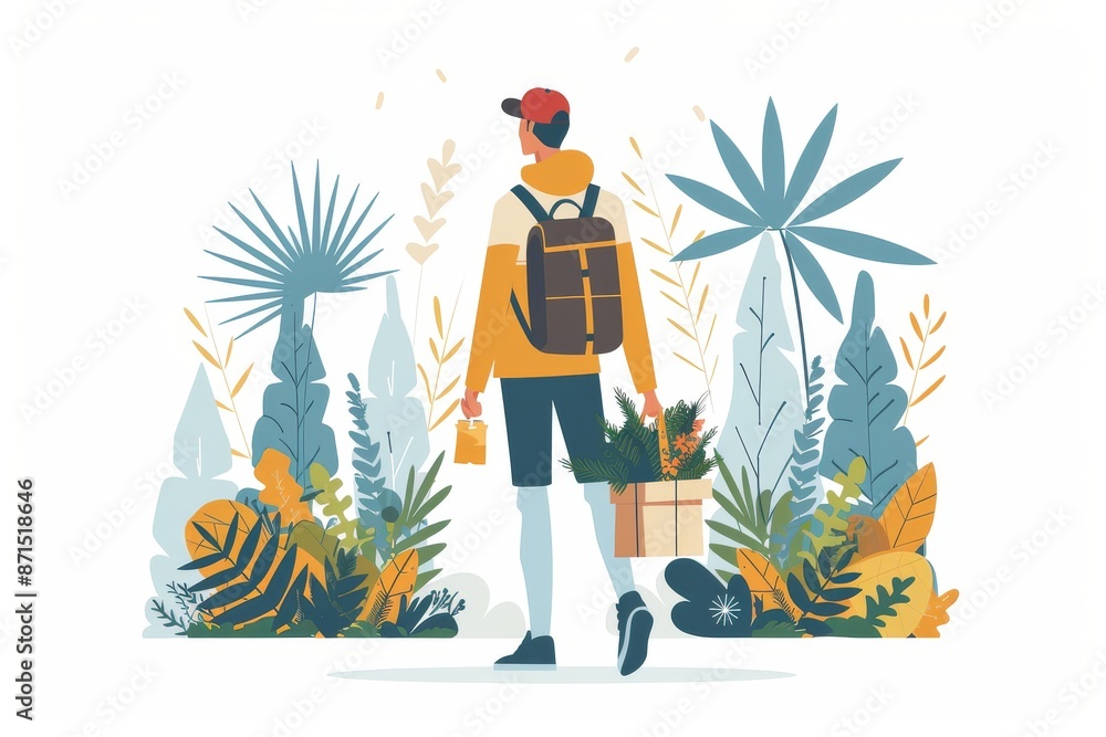 Hiker in a nature scene with plants and rocks representing adventure and exploration in a vibrant illustration Hiker in a nature scene with plants and rocks representing adventure and exploration in a vibrant illustration