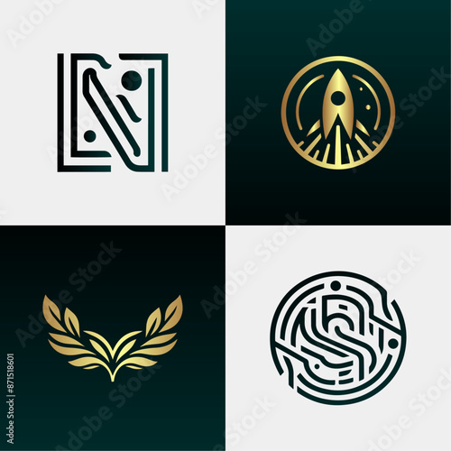 Flat design NS, S, N monogram logo template, abstract design element, Two ideas business company logo, Golden mandala background with luxurious style, Golden flower collection, Elegant golden leaves.