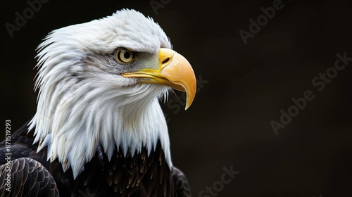 Close-up of a bald eagle with a dark background, showcasing its intense gaze and striking plumage. © KumCup