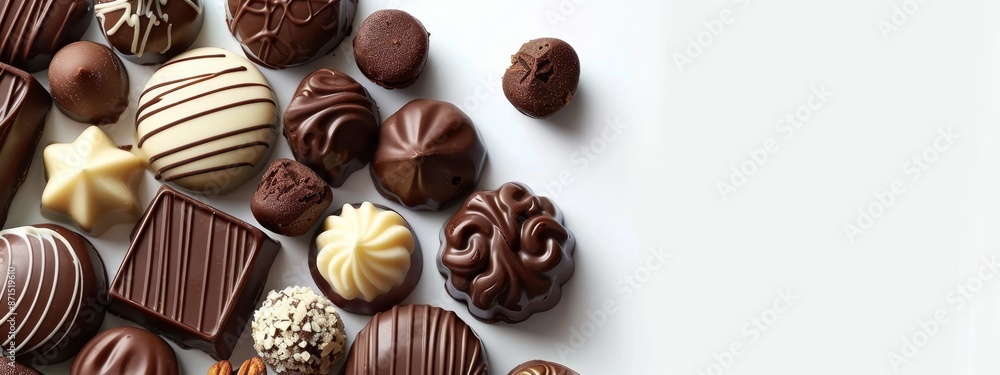A tight shot of assorted chocolates against a pristine white backdrop A tight shot of assorted chocolates against a pristine white backdrop