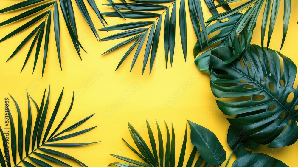Tropical palm leaves on yellow background representing summer Tropical palm leaves on yellow background representing summer