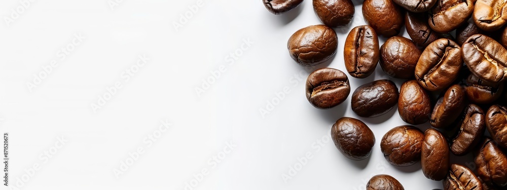A pristine white backdrop showcases a mound of succulent roasted coffee beans Ample empty space is thoughtfully integrated within the frame A pristine white backdrop showcases a mound of succulent roasted coffee beans Ample empty space is thoughtfully integrated within the frame