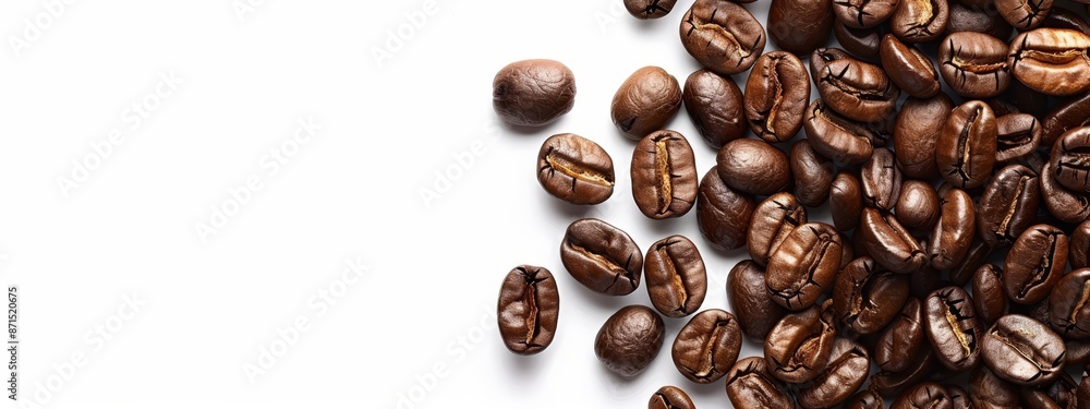 A mound of coffee beans aligned on a pristine white tabletop, vacant area reserved for inscription A mound of coffee beans aligned on a pristine white tabletop, vacant area reserved for inscription