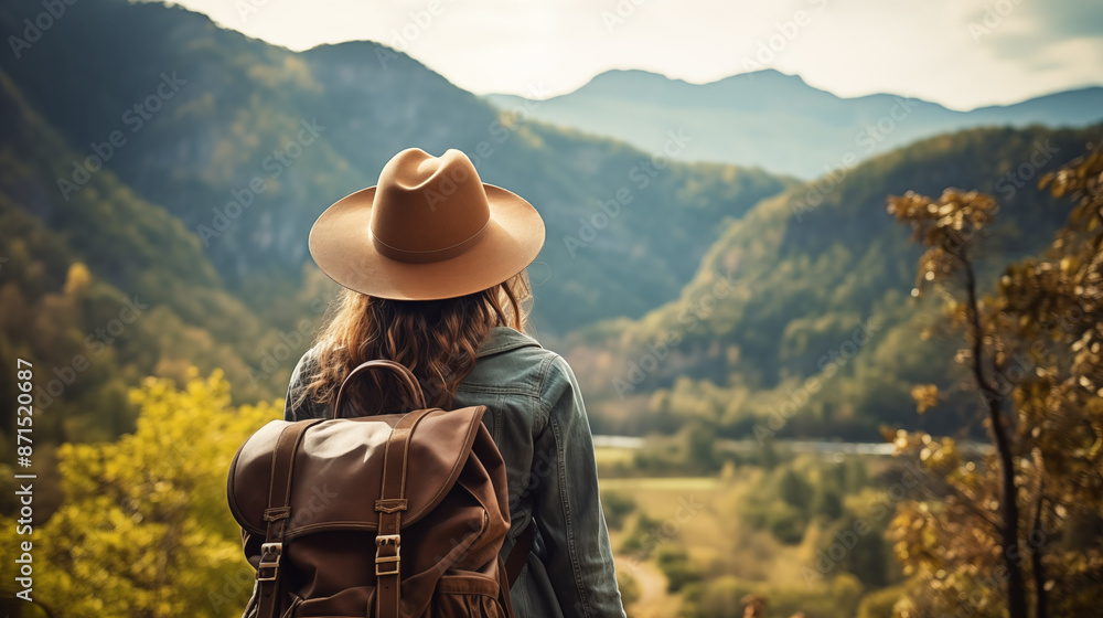woman traveler looking at mountains and forest view woman traveler looking at mountains and forest view