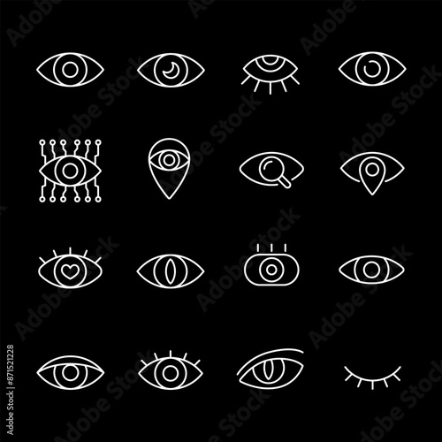 Eyes, white line icons. Vision and eye health symbols. Essential for healthcare and optometry themes. Symbols on black background. Editable stroke.