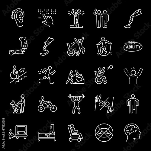 Disability, white line icons. Symbols representing disabled people and assistance. Ideal for healthcare and accessibility themes. Symbols on black background. Editable stroke.