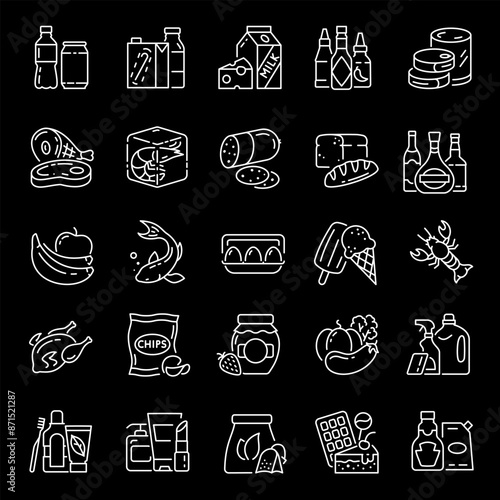Supermarket products, white line icons. Packaged food and market items. Ideal for retail and culinary themes. Symbols on black background. Editable stroke.