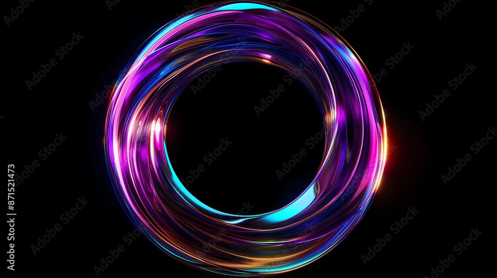 Iridescent abstract curved shape on black background, shiny, reflection, holographic, chrome, metallic, rainbow colors, curved lines, banner template Iridescent abstract curved shape on black background, shiny, reflection, holographic, chrome, metallic, rainbow colors, curved lines, banner template