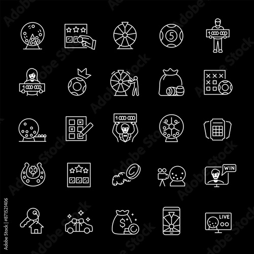 Lotteries, white line icons. Prize playing, lottery tickets, and raffle drums. Ideal for gambling and entertainment themes. Symbols on black background. Editable stroke.