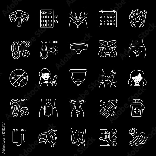 Menstruation symptoms, white line icons. Icons representing period and menstrual cycle symptoms. Essential for health and wellness themes. Symbols on black background. Editable stroke.