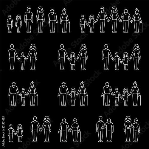 Family, white line icons. Illustrations of family members parents, children, and grandparents. Ideal for social and family themes. Symbols on black background. Editable stroke.