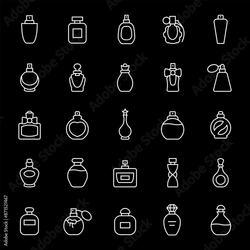 Perfume bottles, white line icons. Various shapes of eau de toilette packaging. fashion and beauty themes. Symbols on black background. Editable stroke.