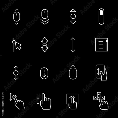 Scrolling, white line icons. Symbols for scrolling up and down. UI and tech themes. Symbols on black background. Editable stroke.