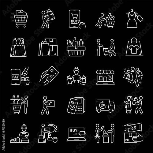 Shopping, white line icons. People selecting, purchasing, and receiving goods. Ideal for retail and e-commerce themes. Symbols on black background. Editable stroke.